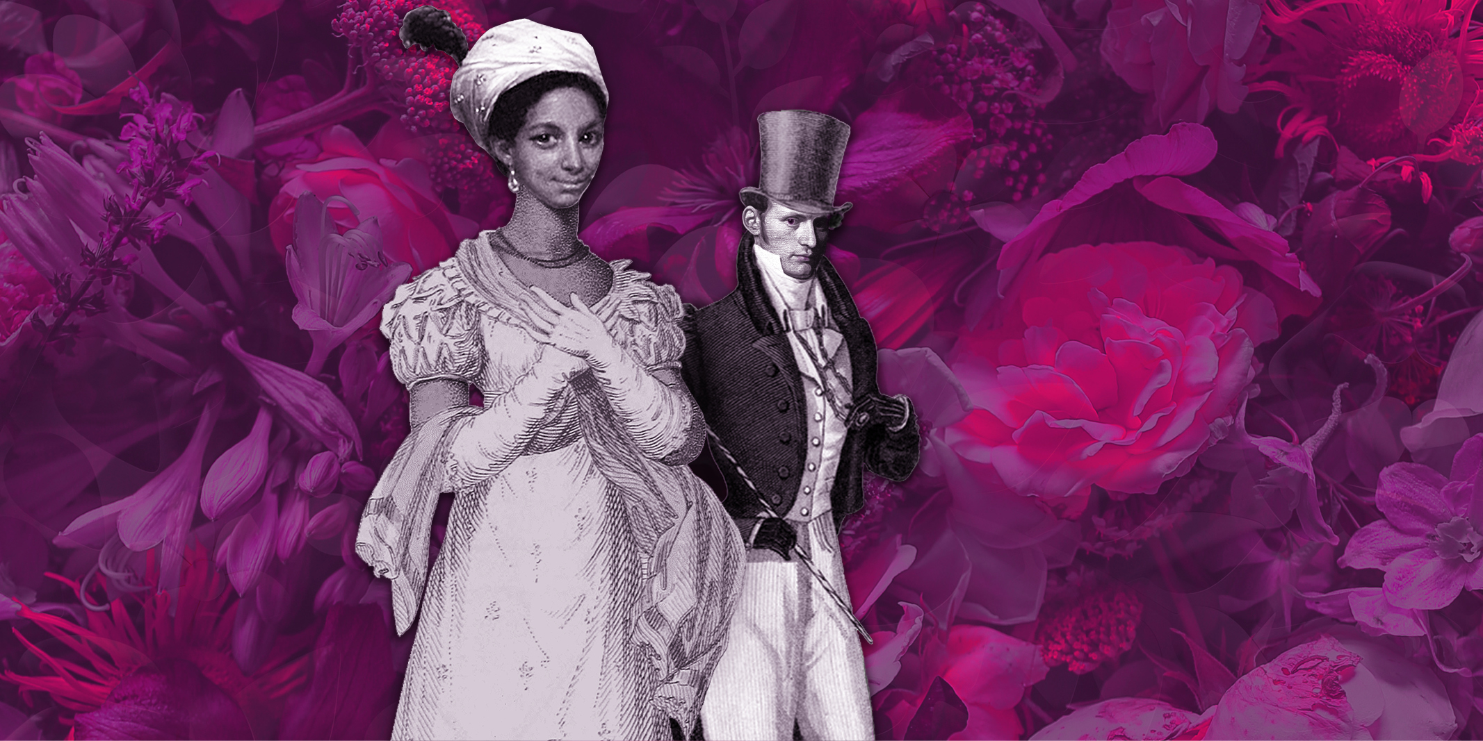 A woman and a man in 19th century clothing superimposed over an illustration of purple flowers