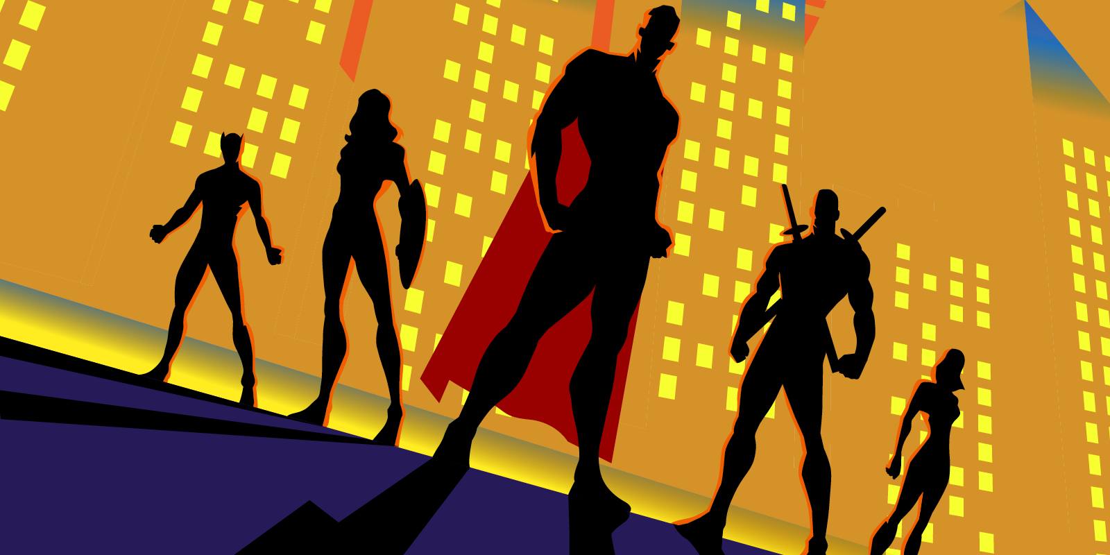 Five superheroes in silhouette against a yellow city background
