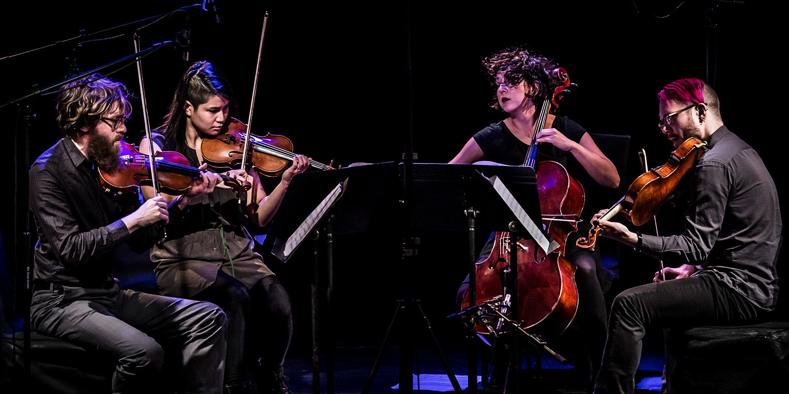 Four musicians in black clothing play string instruments, including violins, viola, and cello, on a dark stage.