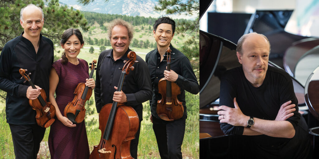 The four members of the Takacs Quartet hold string instruments in a wooded forest. Marc-Andre Hamelin leans on a black grand piano.