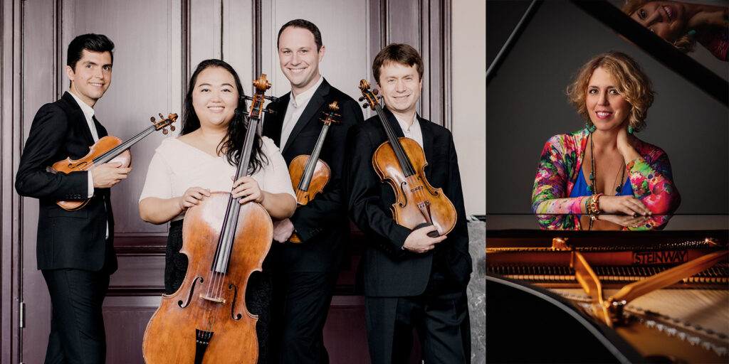 Four musicians stand and hold string instruments. A woman in a colorful jacket sits at a black piano.