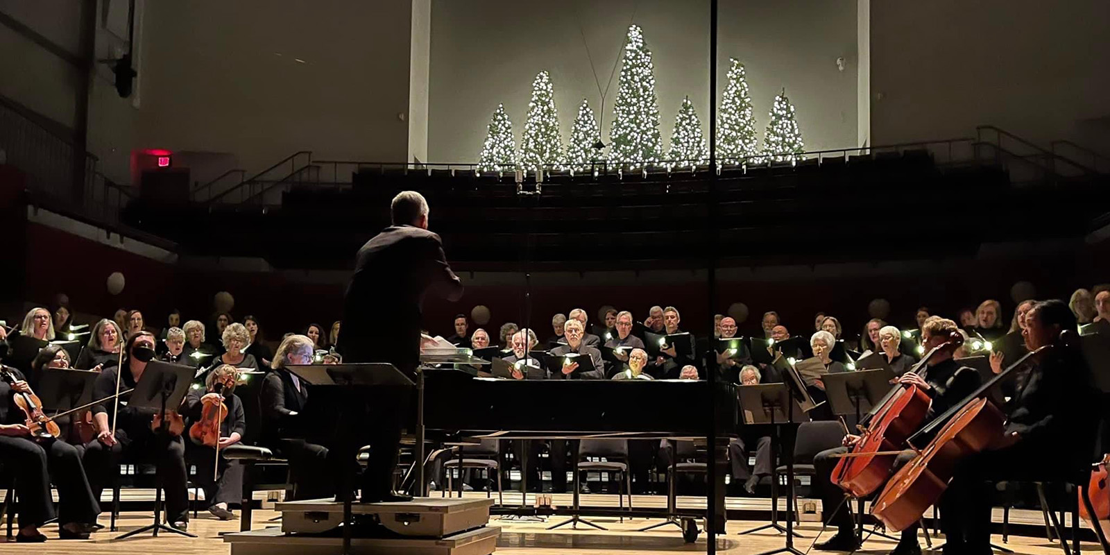 A choir and orchestra perform on a stage in front of Christmas trees.