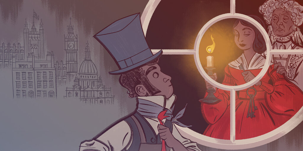 A man in Victorian clothing stands outside, looking up at a woman holding a candle in a window, with an older man behind her. Faint outlines of historical London buildings are drawn in the background.