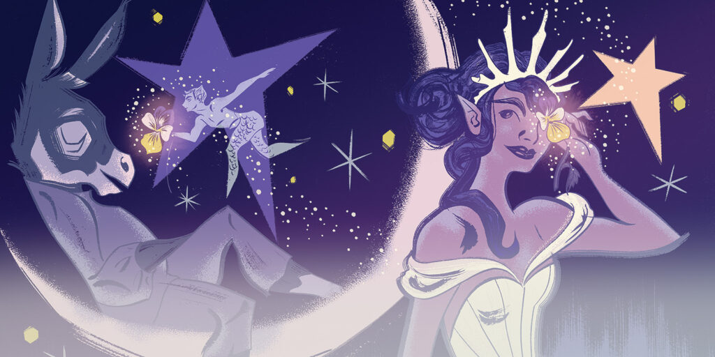 A dreamy illustration shows a woman in a glowing white dress and crown holding a golden flower, a sleeping man with a donkey’s head, and a fairy with wings, all surrounded by stars and a crescent moon on a night sky background.