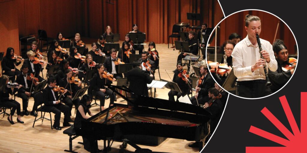A symphony orchestra performs on stage, with musicians playing strings and a grand piano. An inset shows a close-up of a clarinetist performing, with a decorative graphic accent on the right.