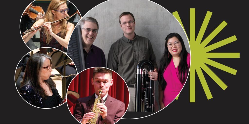 A collage of musicians playing flute, saxophone, and clarinet, with three people standing and smiling next to a modern, sunburst-like graphic on a black background.