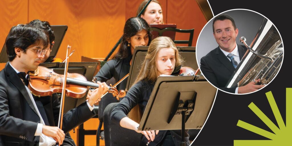 A group of musicians perform on stage, including a violinist, a cellist, and others reading sheet music. An inset shows a smiling man holding a brass instrument, likely a tuba, against a gray background.