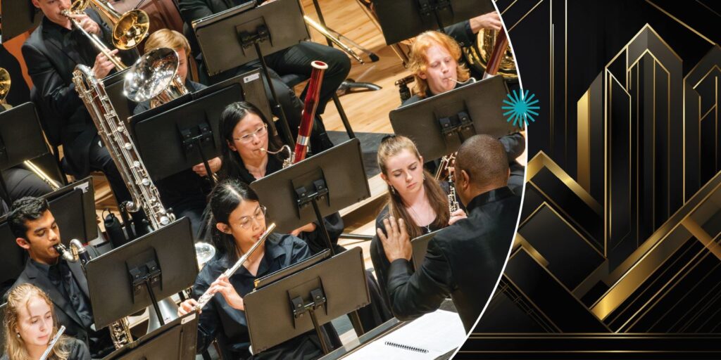 A conductor leads a diverse group of musicians playing woodwind and brass instruments in an orchestra, with sheet music stands in front of them. The right side of the image features an abstract geometric gold and black design.