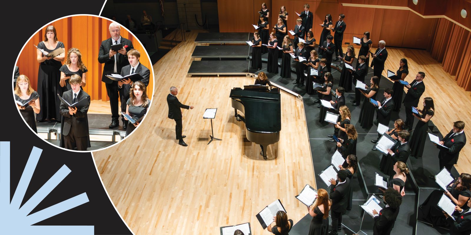 A choir in black formal attire sings in a concert hall, standing in a semi-circle around a grand piano, with a conductor leading them. An inset shows a close-up of several singers holding sheet music.