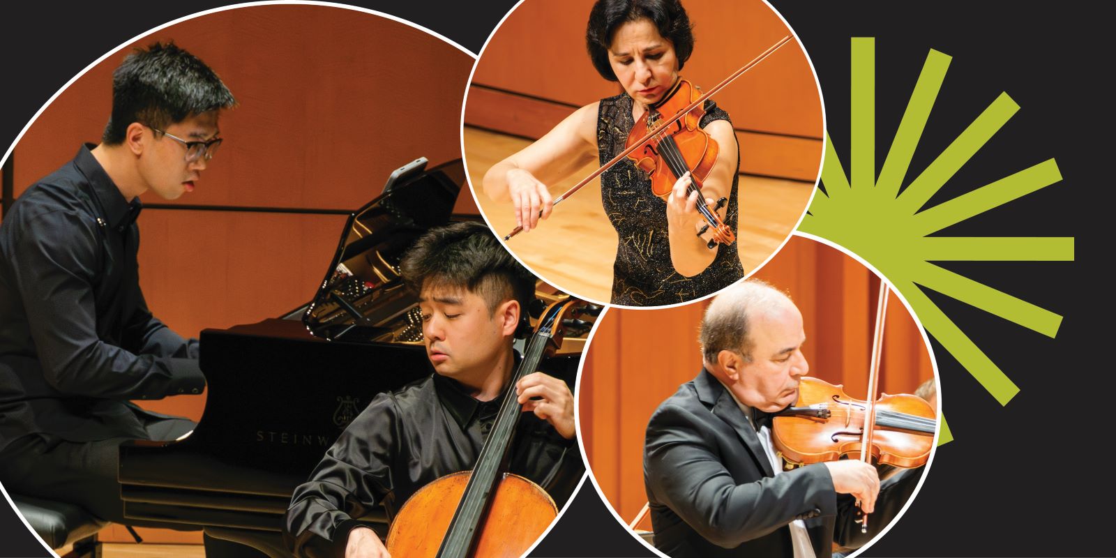 Four classical musicians perform on stage: a pianist, a cellist, a female violinist, and a male violist, set against an orange and black background with a green starburst graphic.