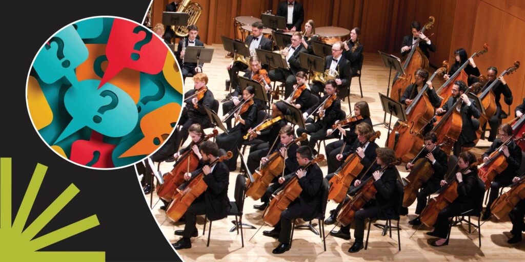 An orchestra of musicians in black formal attire performs on stage with string instruments; an inset shows colorful speech bubbles with question marks.