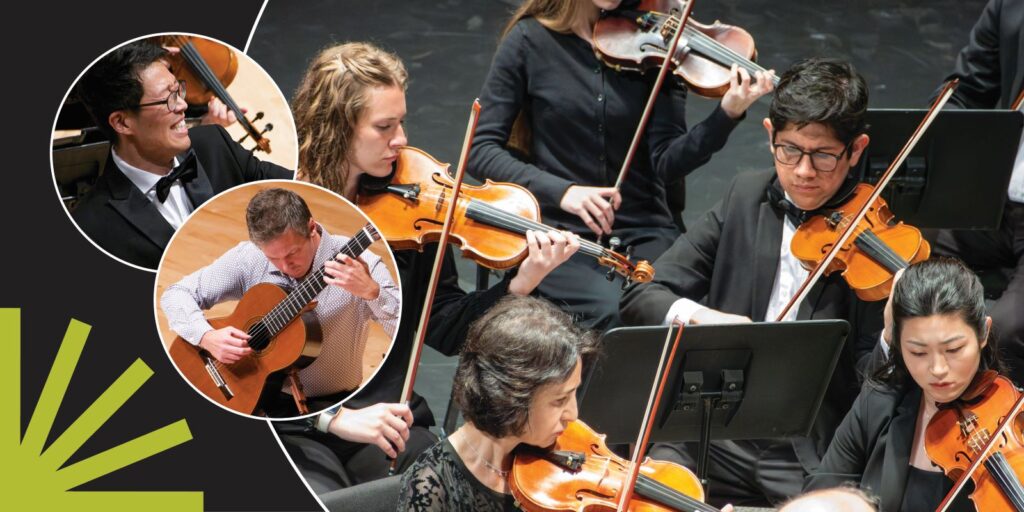 A group of classical musicians play string instruments on stage, while two circular insets show a man playing guitar and another man smiling. The background features black and green geometric shapes.