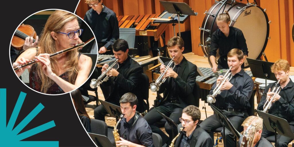 A woman plays the flute in an inset beside a group of young musicians performing on brass and woodwind instruments with percussion in the background on a concert stage.