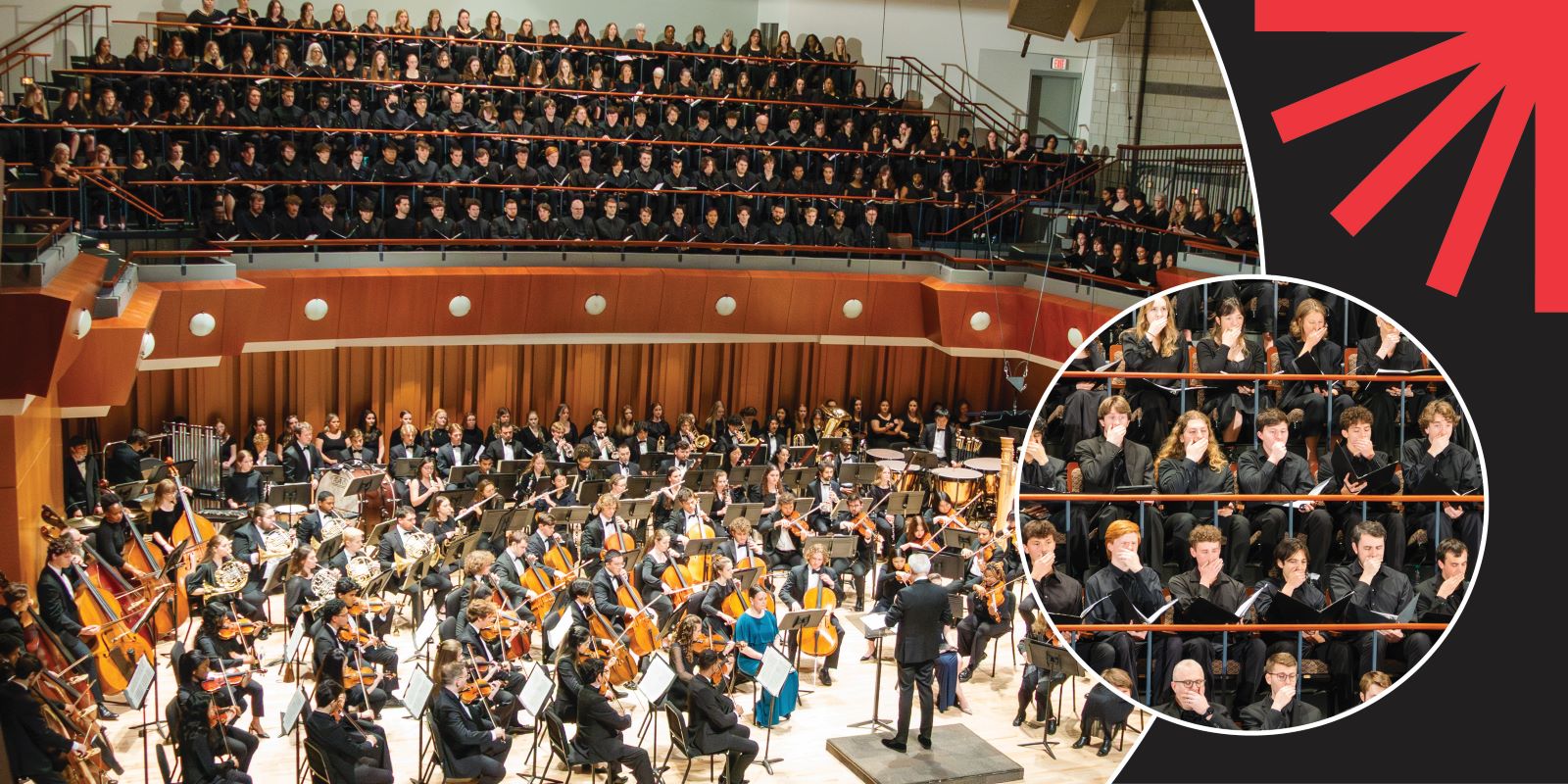 A large orchestra and choir perform on stage in a concert hall. The conductor stands at the front, and musicians play various instruments. A circular inset highlights choir members singing. Red graphic elements appear on the right.