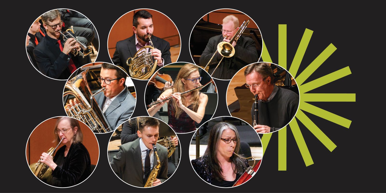 A collage of nine musicians playing brass and woodwind instruments in separate circular frames, set against a dark background with a green starburst design on the right.