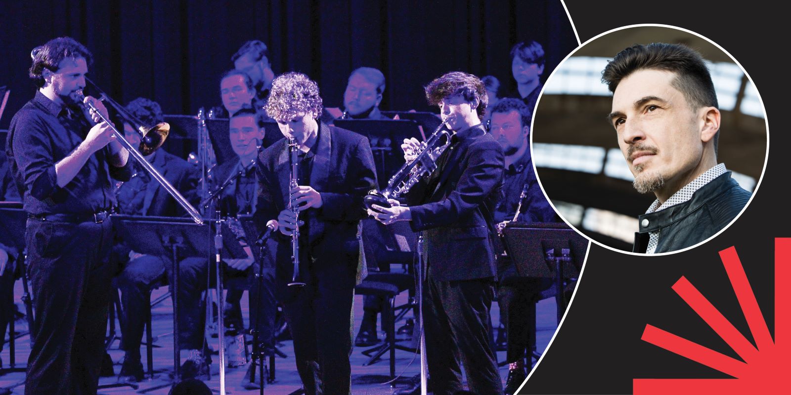 A jazz band performs on stage with brass and woodwind instruments, while a circular inset shows a portrait of a man with short dark hair and a trimmed beard.