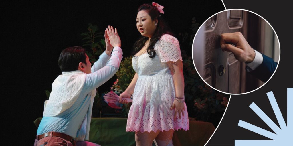 A man kneels with hands raised toward a woman in a white dress on stage; inset shows a close-up of a hand knocking on a door.