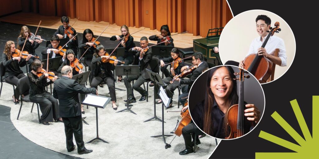 A group of musicians plays string instruments on stage, led by a conductor. Two inset circles feature portraits of smiling male cellists, one holding a cello, on a modern black and green graphic background.