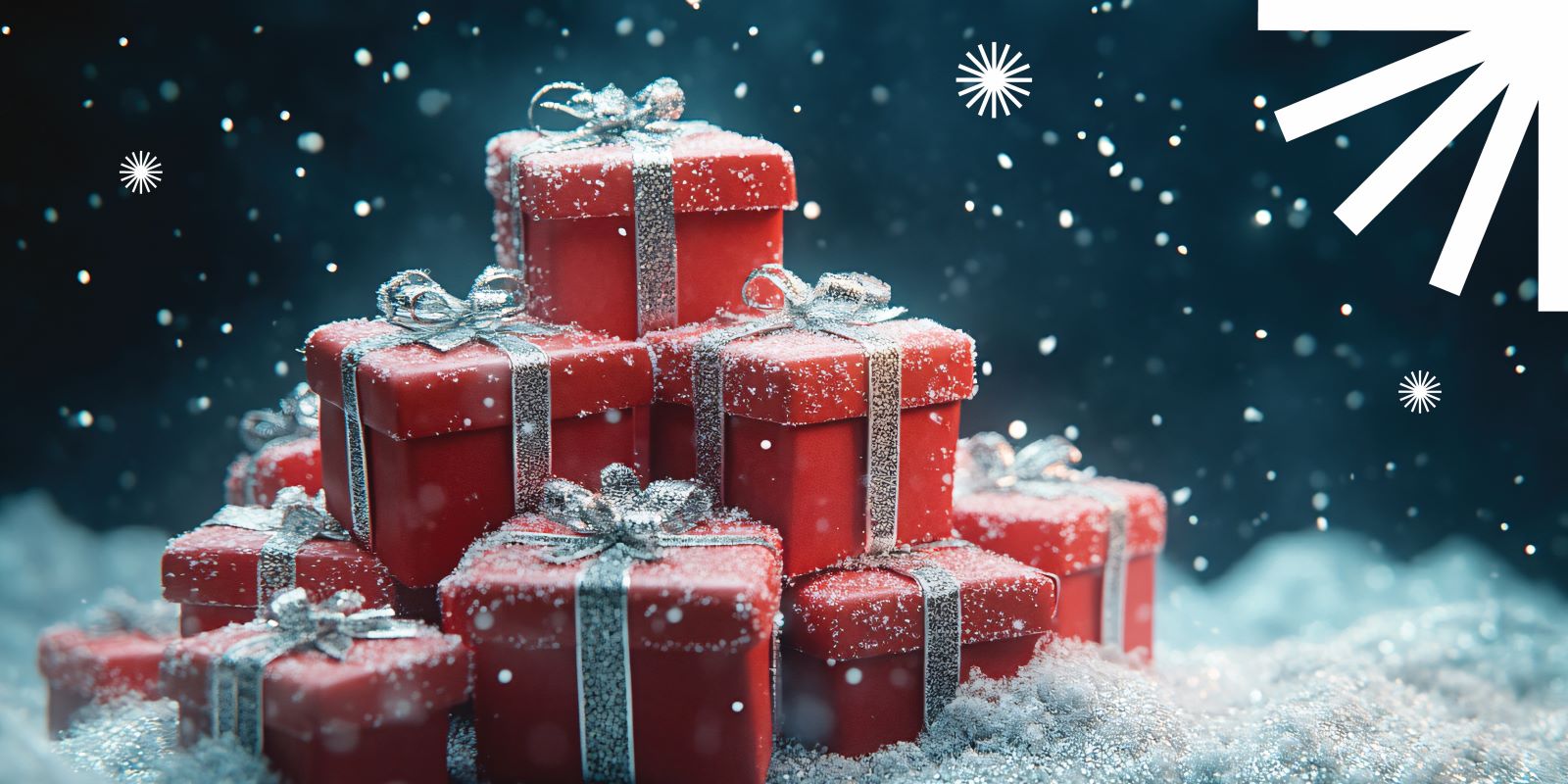 A stack of red gift boxes with silver ribbons sits on snowy ground, surrounded by falling snowflakes and festive decorations, creating a cheerful winter holiday scene.