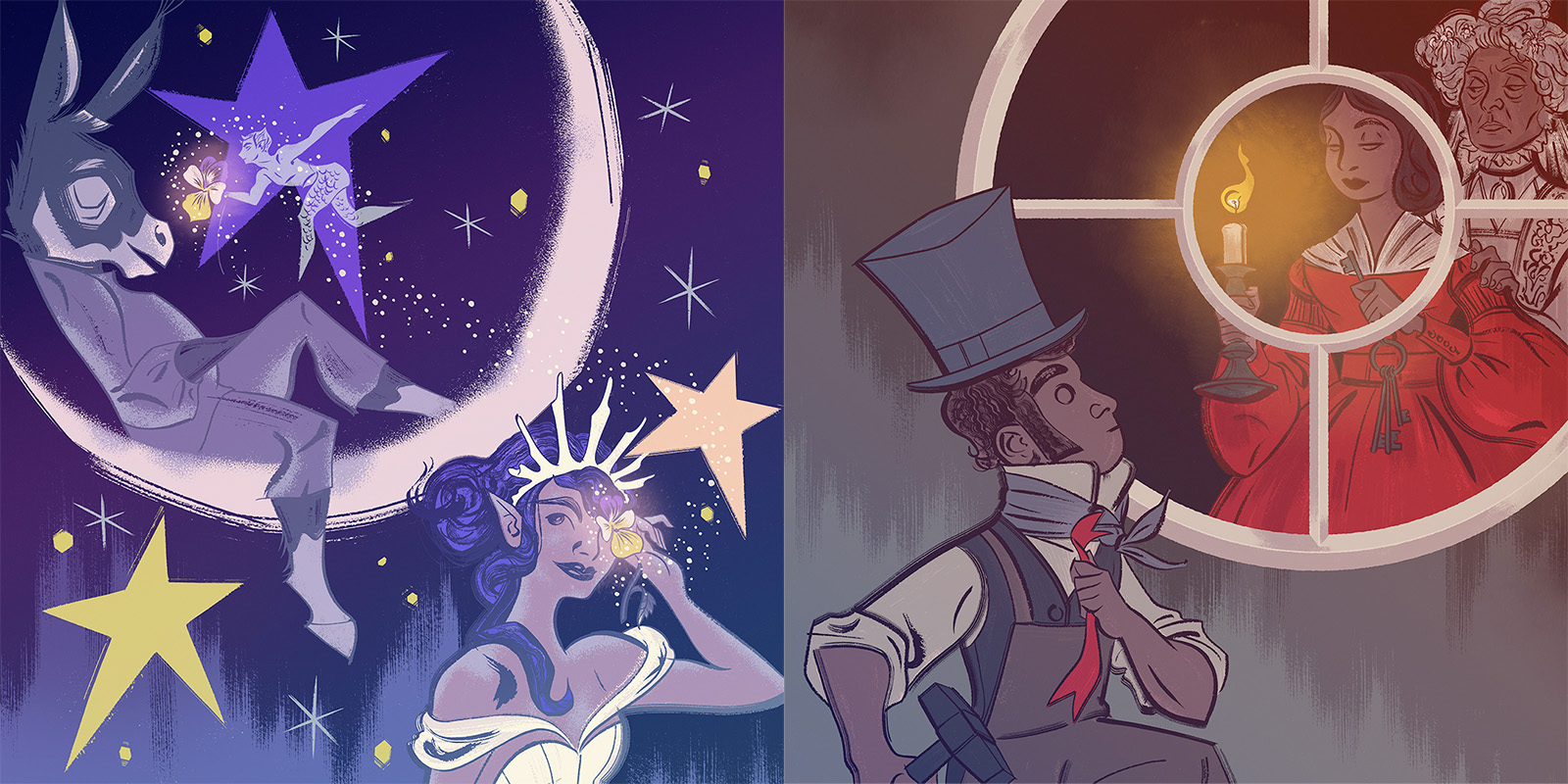 Split image: On the left, whimsical characters float on a crescent moon among stars; on the right, a Victorian man with a candle looks up at a window where a woman in red and two figures stand inside, also holding a candle.