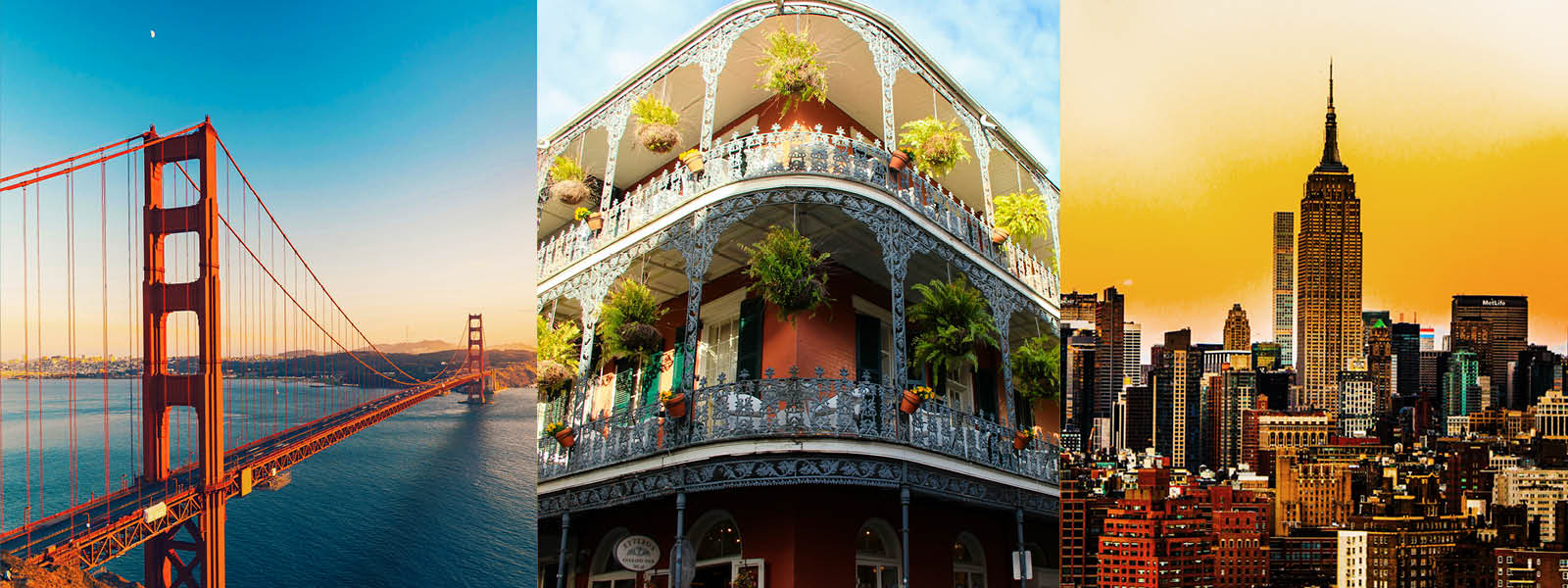 A collage with three images: the Golden Gate Bridge over blue water, a balcony with ornate railings and hanging plants, and a city skyline with the Empire State Building at sunset.