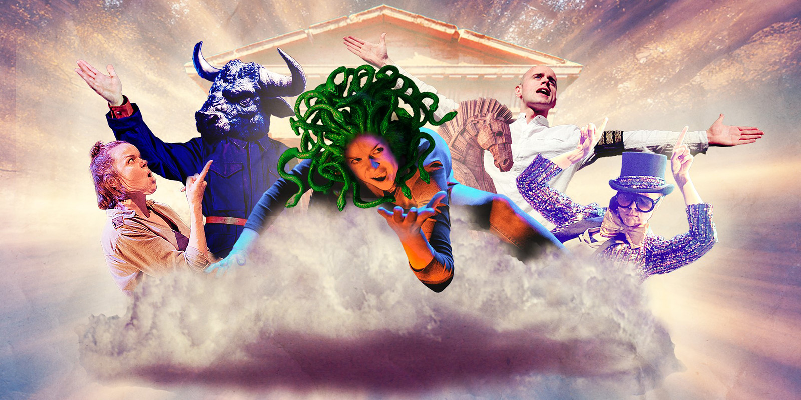 Five costumed performers pose dramatically atop a cloud, including a Minotaur, Medusa, and others in theatrical attire, with a Greek temple and radiant sky in the background.