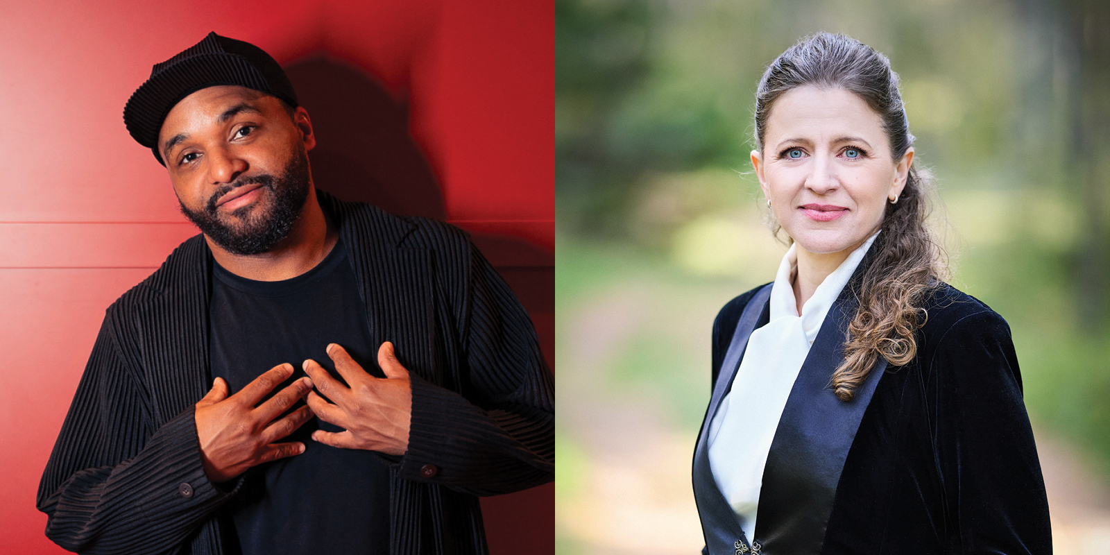 A man in a black outfit poses with hands on his chest against a red wall, and a woman with long brown hair in a black blazer and white blouse stands outdoors with greenery in the background.