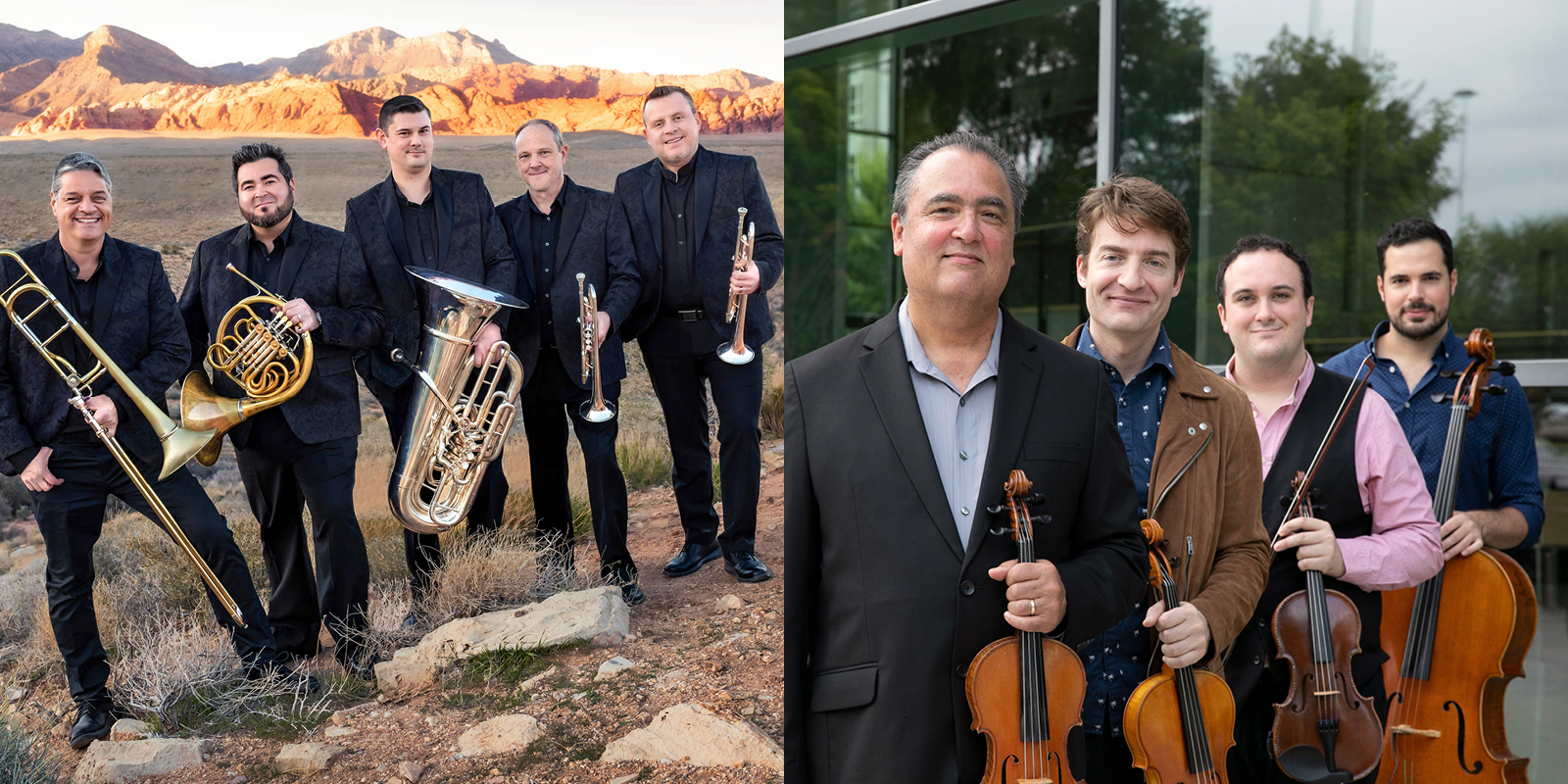 Two groups of five musicians each: on the left, a brass quintet stands outdoors with mountains in the background; on the right, a string quartet stands closely together outside a modern glass building.