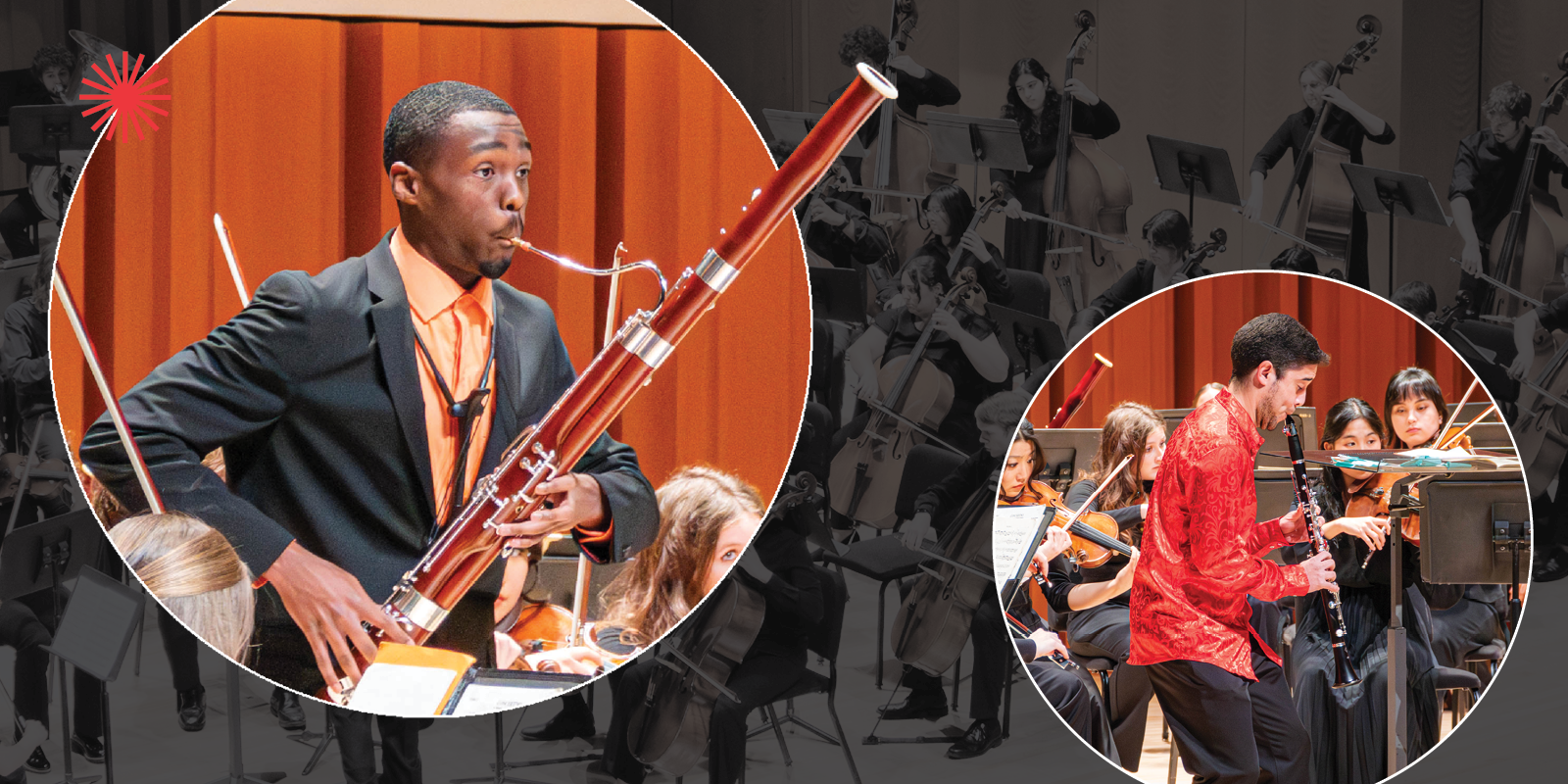 Two musicians are playing woodwind instruments in front of an orchestra. The left circle shows a man in a suit with a bassoon, and the right circle shows a man in a red shirt playing a clarinet.