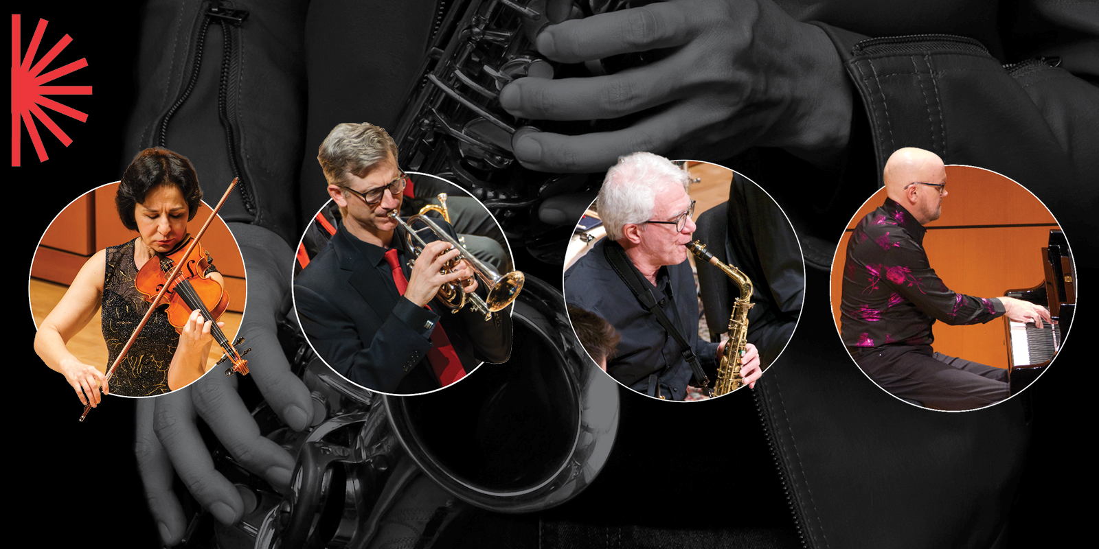 Four musicians play violin, trumpet, saxophone, and piano, each highlighted in circular frames. The background shows a close-up of hands holding a saxophone in black and white, with a red burst design in the corner.