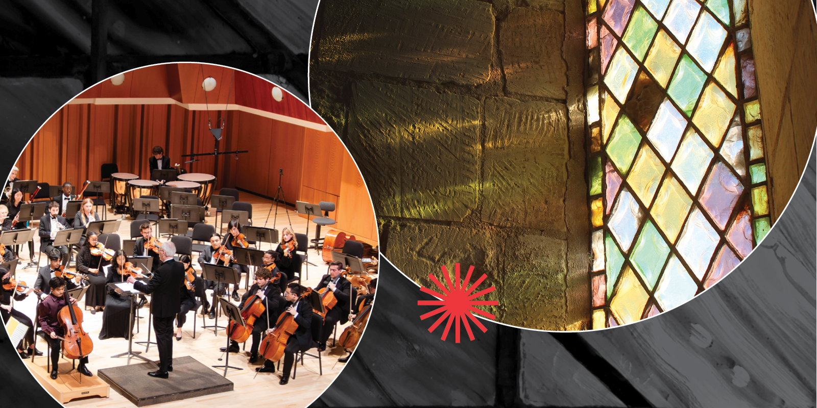 A conductor leads an orchestra in a modern concert hall beside an image of sunlight streaming through a stained glass window onto stone.