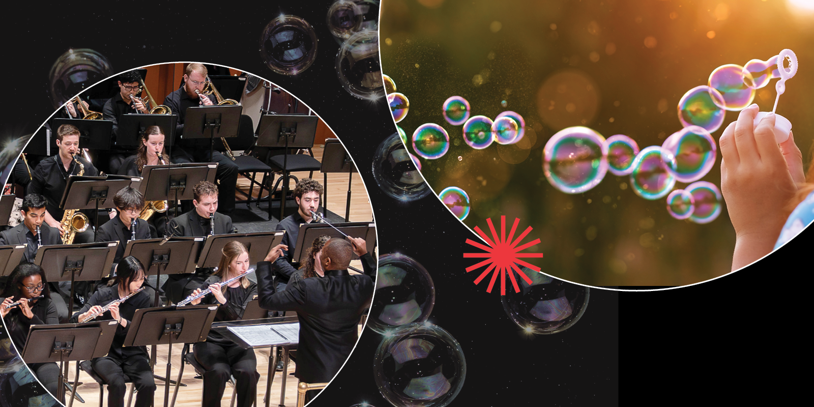 A collage of a band playing instruments and a person blowing soap bubbles, with colorful bubbles floating and a bright background.