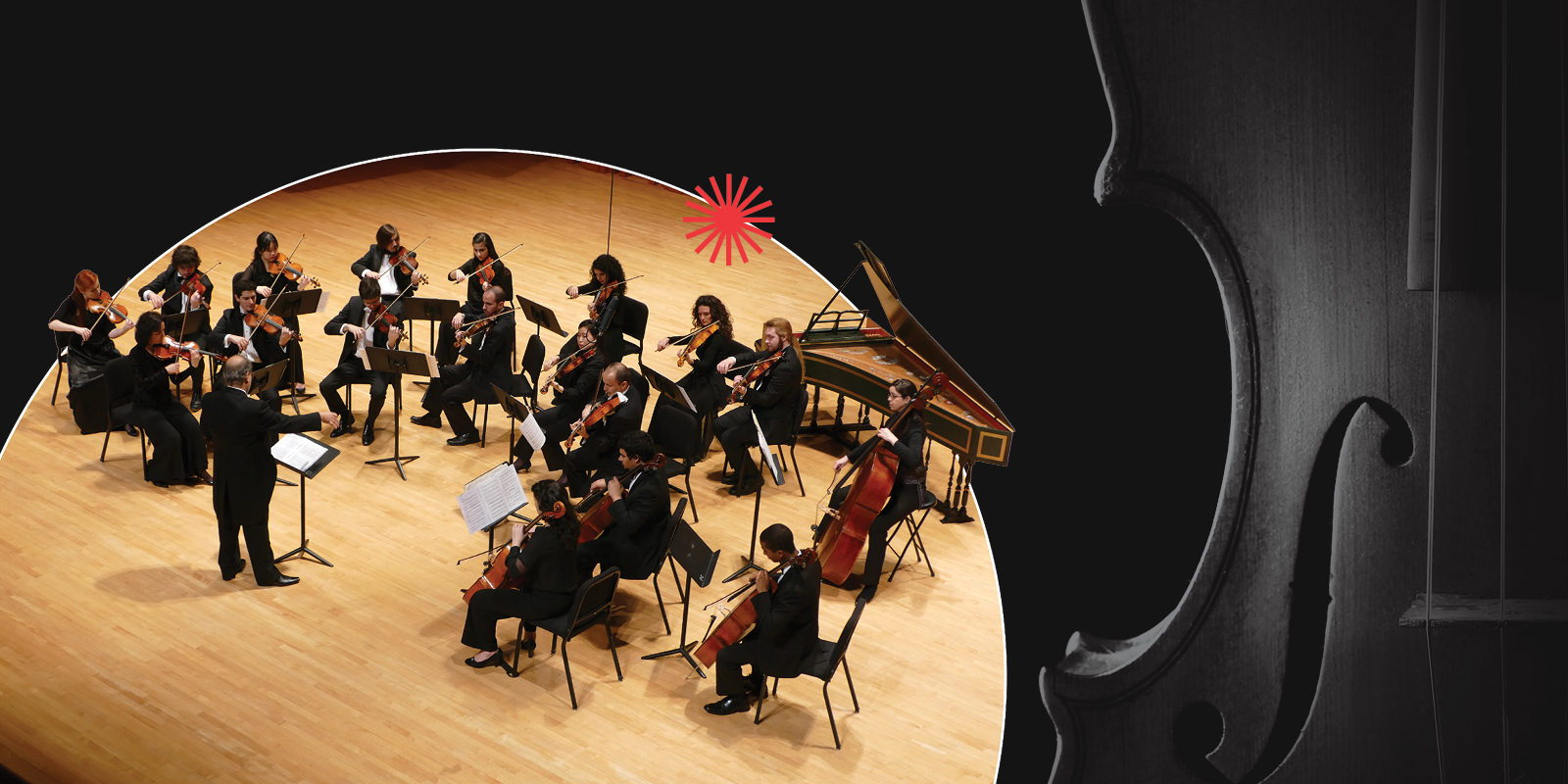 A conductor leads an orchestra performing on stage with musicians playing string instruments; a close-up of a violins body appears on the right.