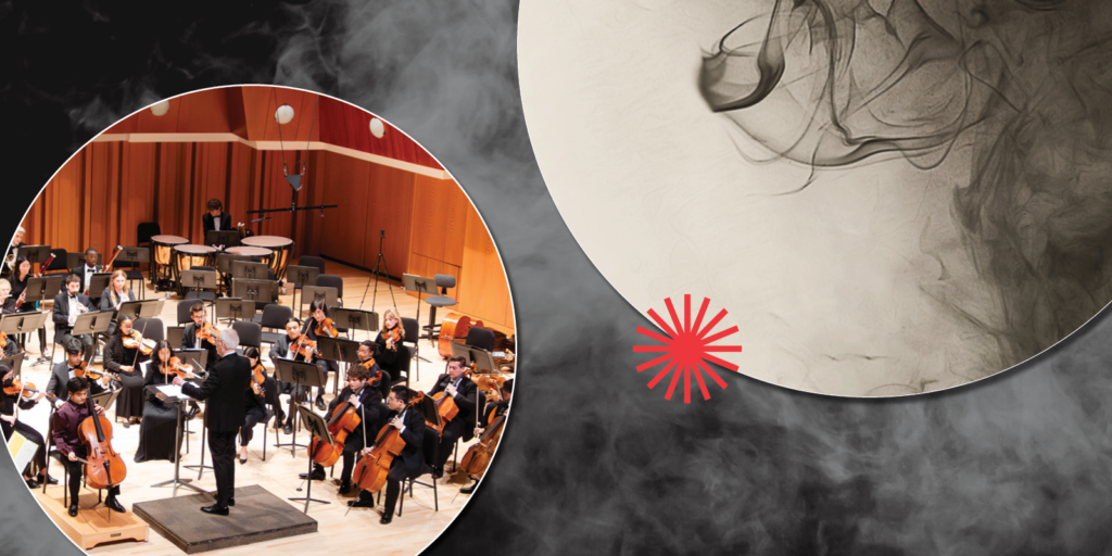 A circular inset shows an orchestra performing on a wooden stage with a conductor in the foreground. The background features swirling grey smoke over a cream-colored circle and a single, bright red sunburst icon near the center.