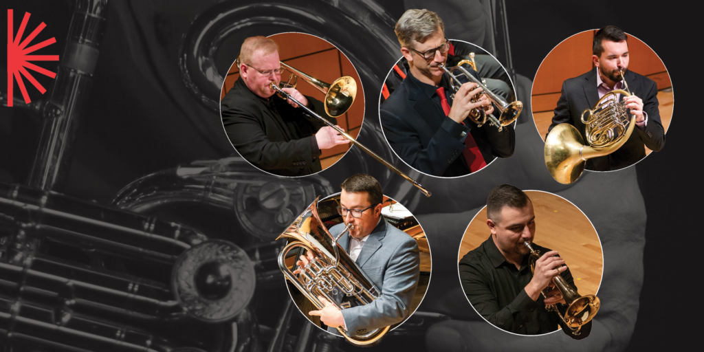 Five musicians play brass instruments—trombone, trumpet, French horn, euphonium, and cornet—on stage, each shown in a circular frame with a black-and-white close-up of brass instruments in the background.