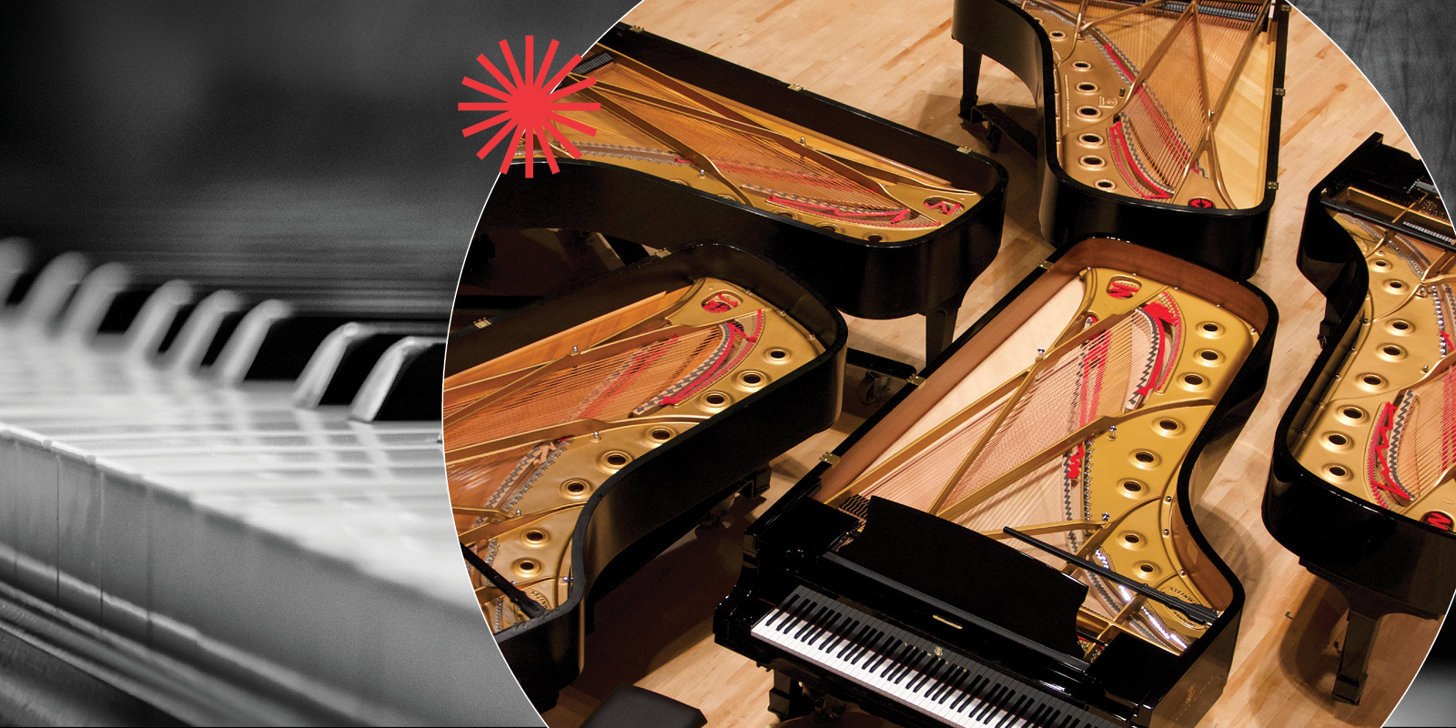 A close-up of piano keys fades into an overhead view of five grand pianos arranged together on a wooden floor, with a red starburst graphic near the center.