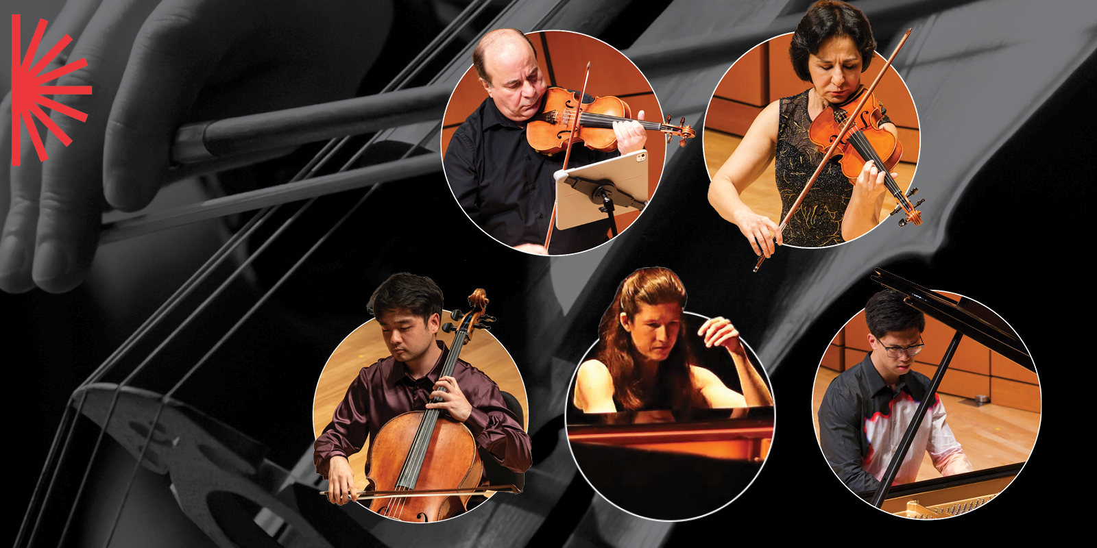 A collage of five musicians playing violin, cello, and piano, overlaid on a black-and-white close-up of a cello being played; a red burst design is in the top left corner.