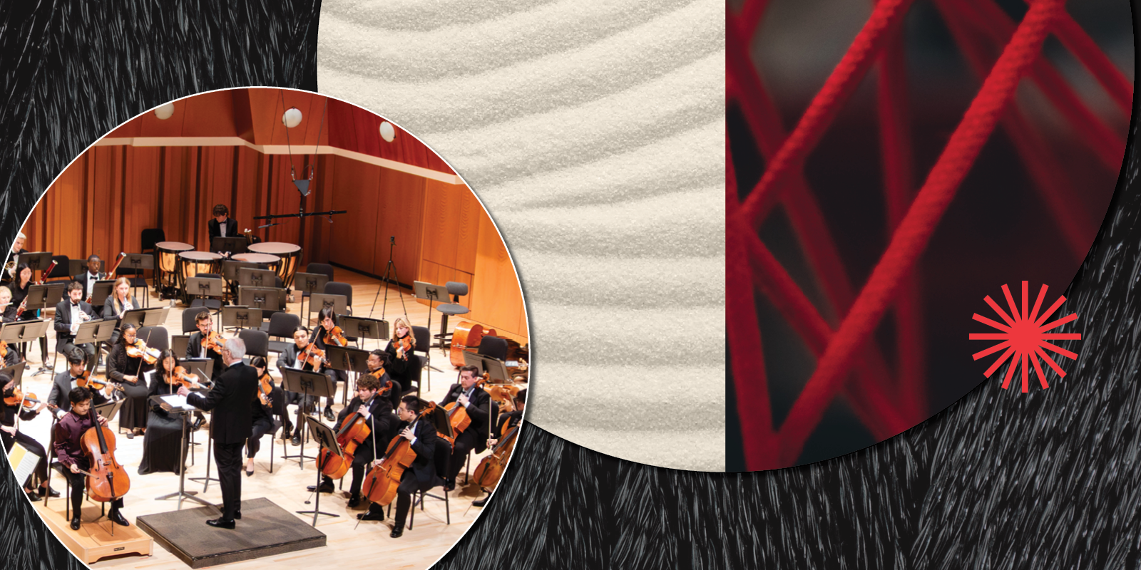 A circular inset shows an orchestra performing on stage, overlaid on an abstract background with red lines, a sand texture, and a red starburst shape on black.