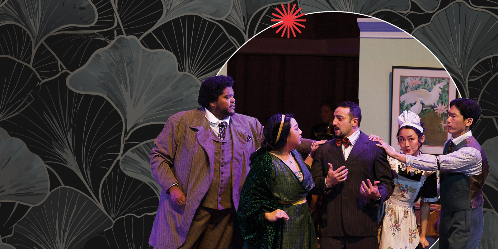 Five actors on stage in period costumes perform a dramatic scene with expressive gestures against a dark, patterned background with a red decorative accent and a framed painting on the wall.