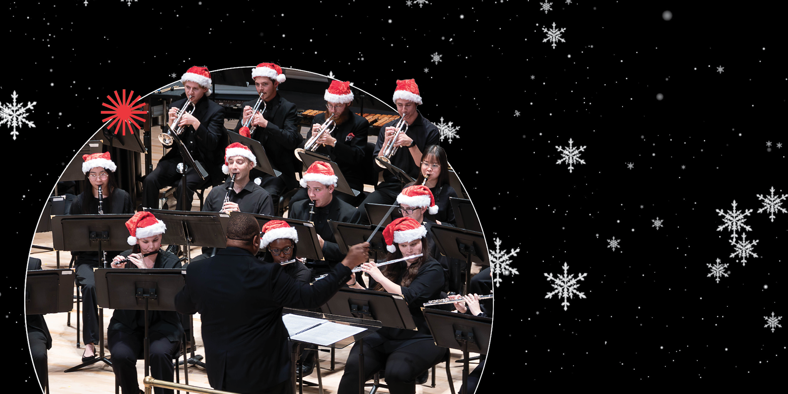 A band wearing Santa hats plays music under a conductor. The band is set in a circle with a festive, starry, snowflake-filled background.